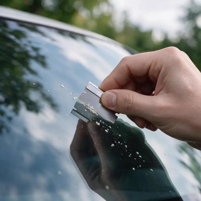 Hand scraping excess cured resin off a windshield with a razor blade